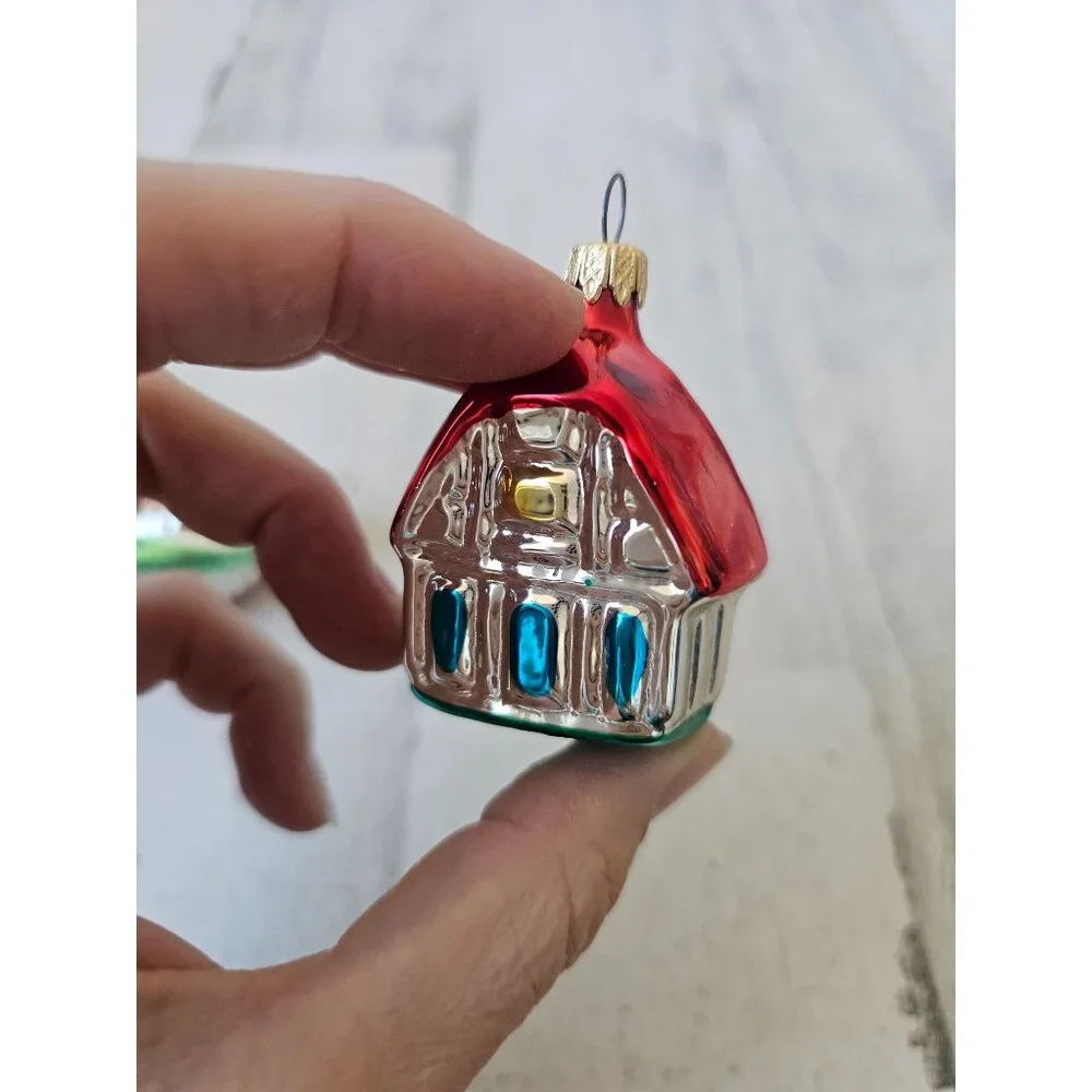 Vintage‎ Mercury glass house spiral red green mini ornament set Xmas tree